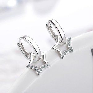 NEW 925 Sterling Silver Diamond Star Hoop Earrings